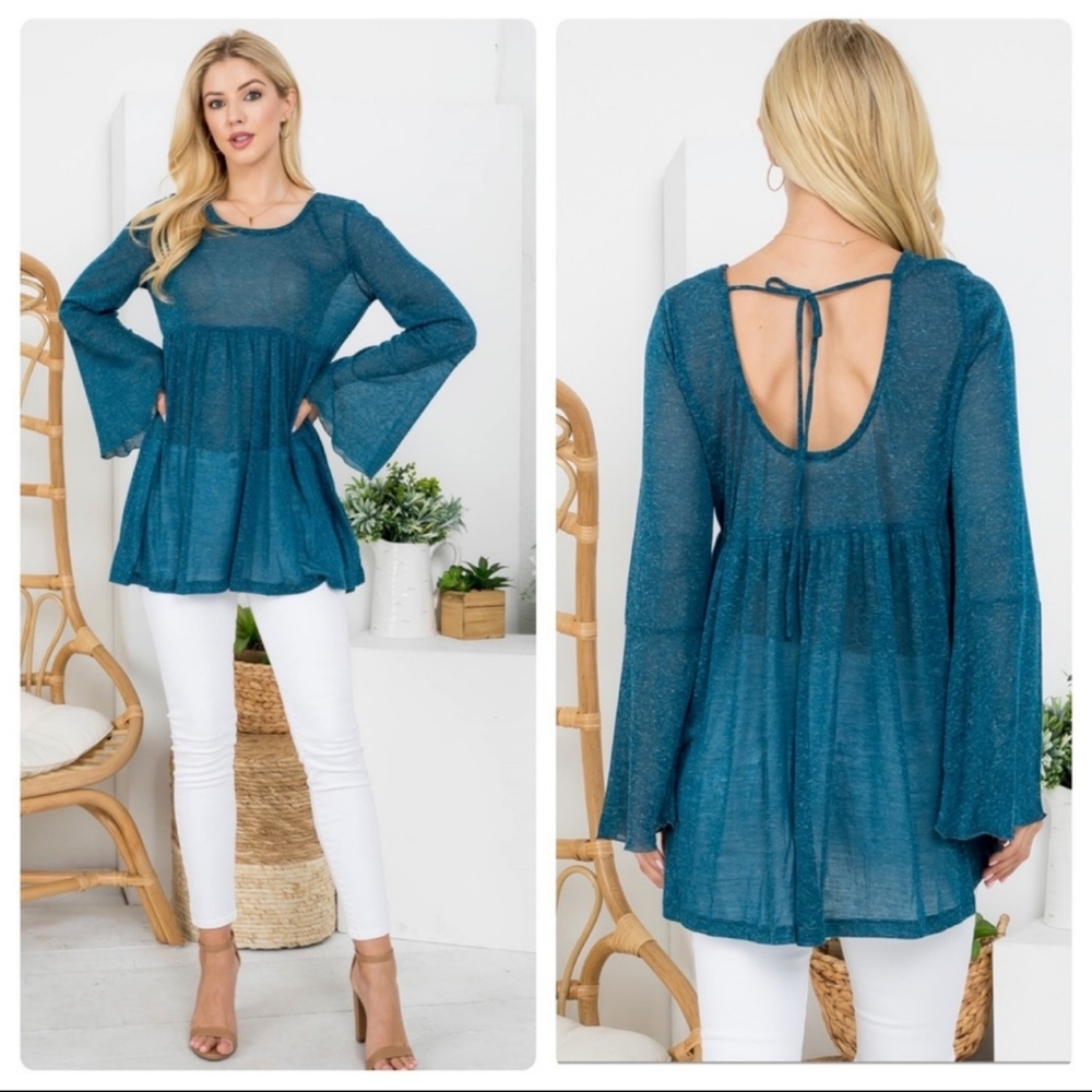 Sheer Teal Open Back Bell-Sleeve Top